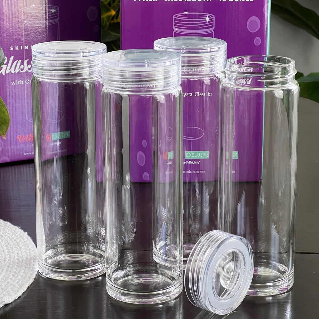 Skinny Series Glass Bottles Set w/ Crystal Clear Lids, 16 oz
