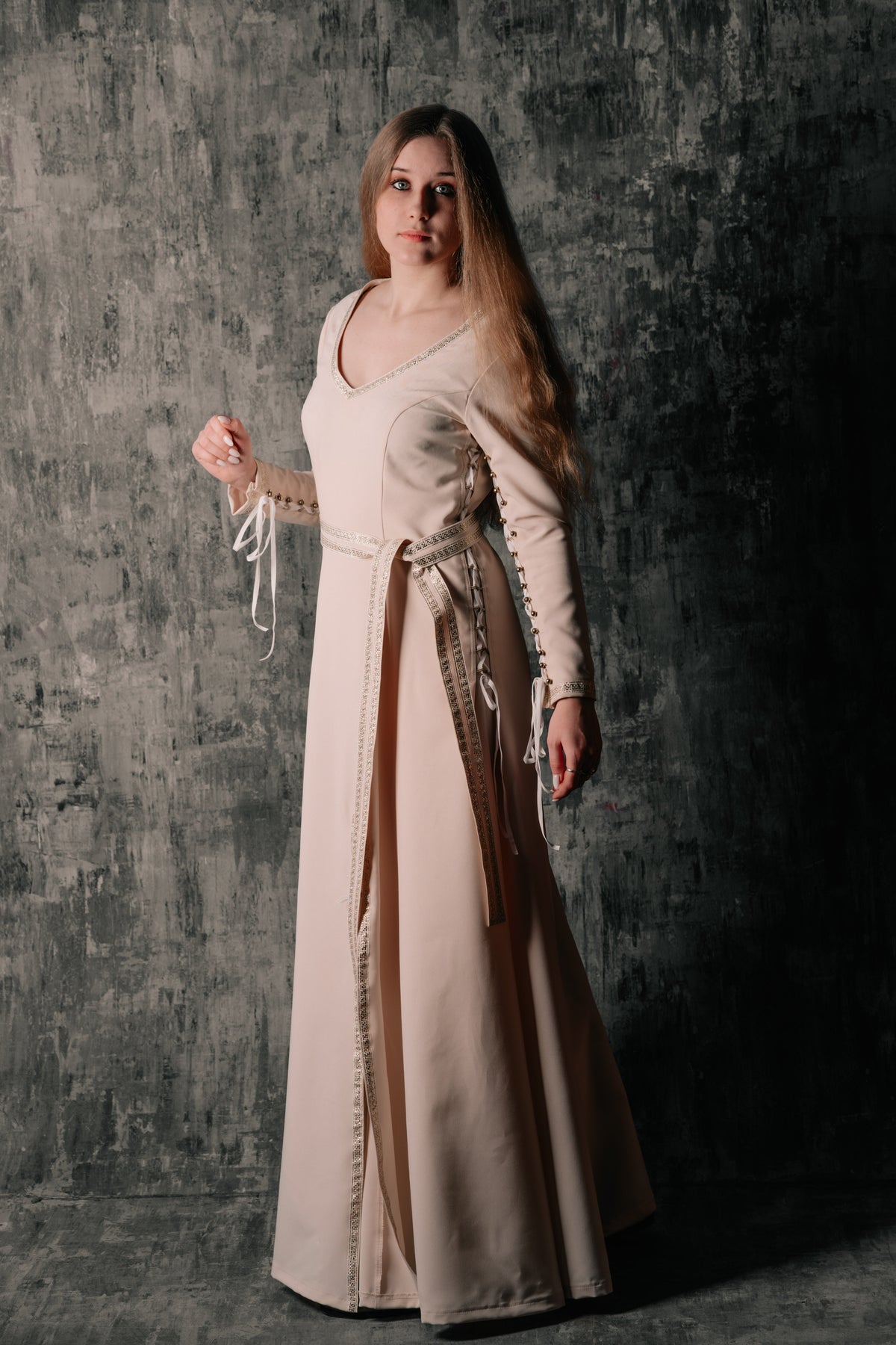 Elegant Lace-Up Beige Dress