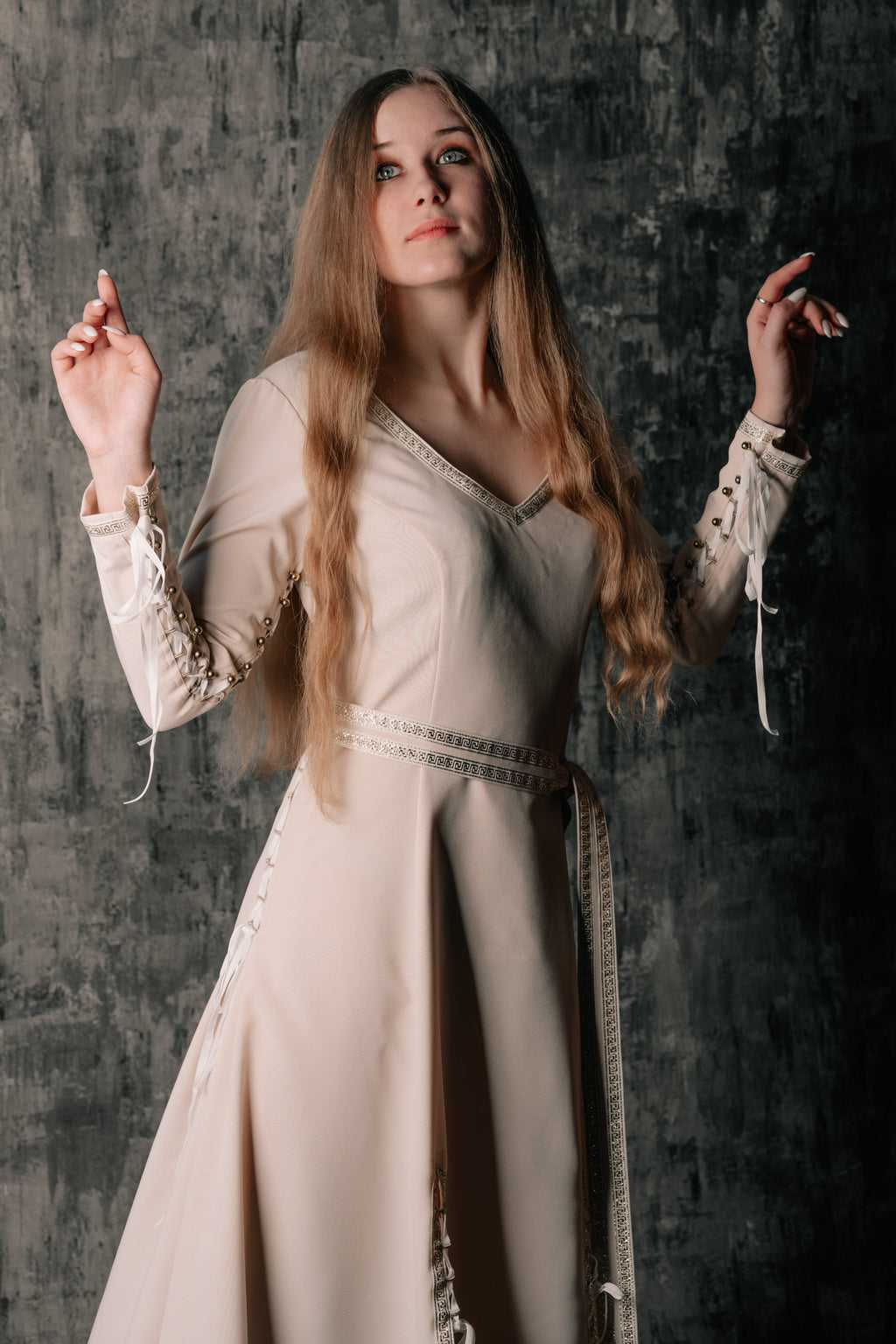 Elegant Lace-Up Beige Dress