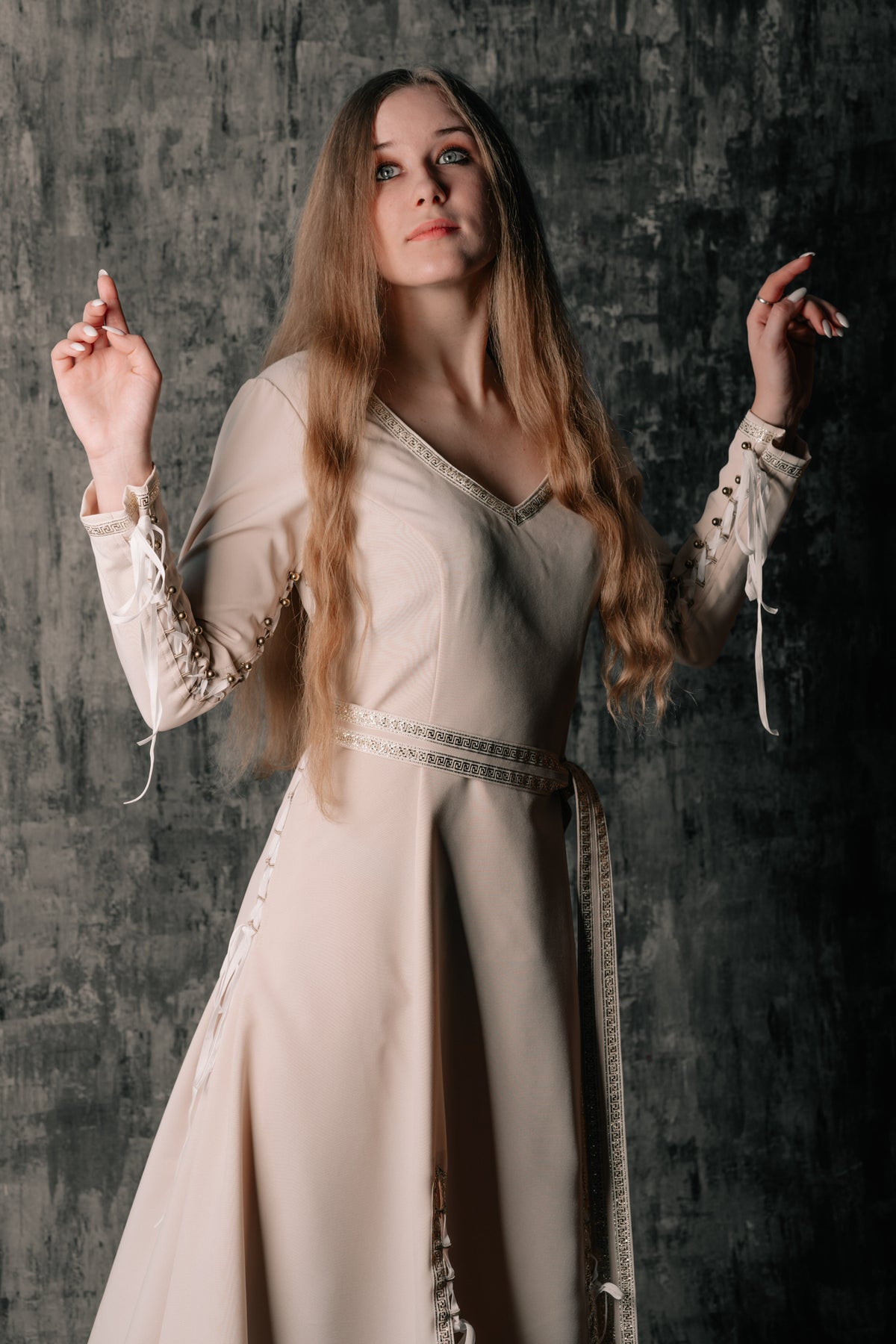 Elegant Lace-Up Beige Dress