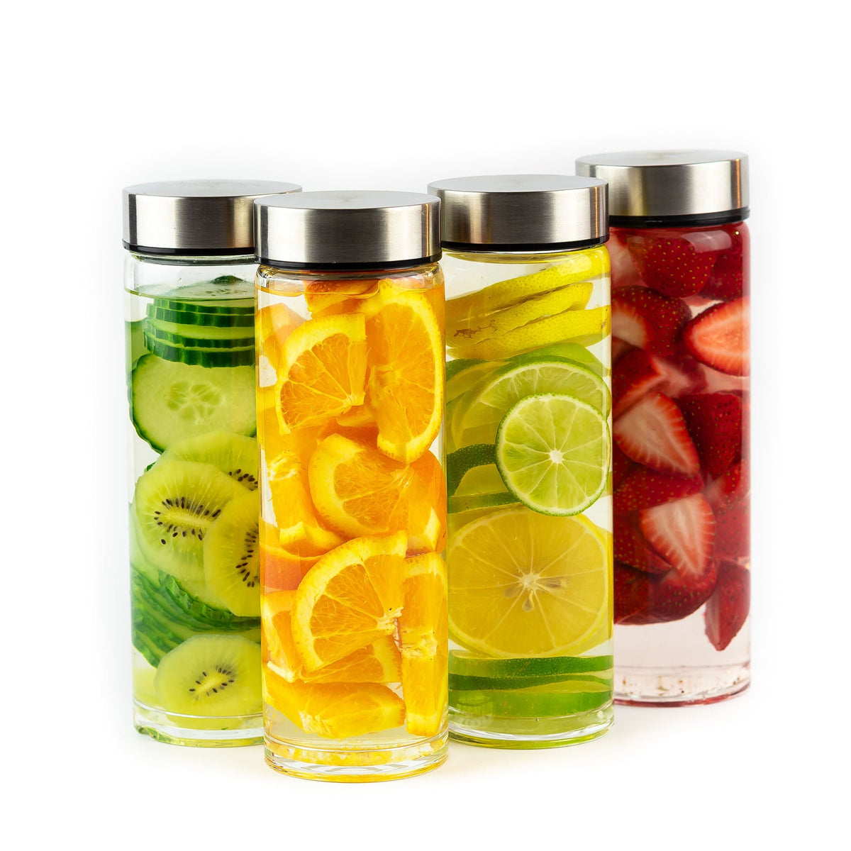 Skinny Series Wide Mouth Glass Bottles Set w/ Stainless Steel Lids, 16 oz