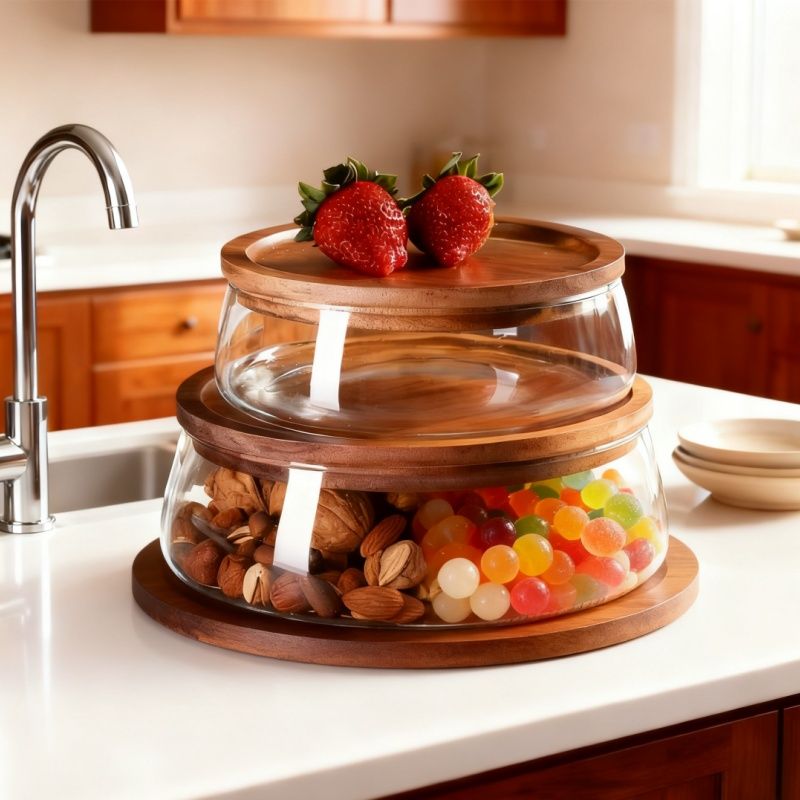 2-Piece Glass Candy Storage Box with Wooden Lid