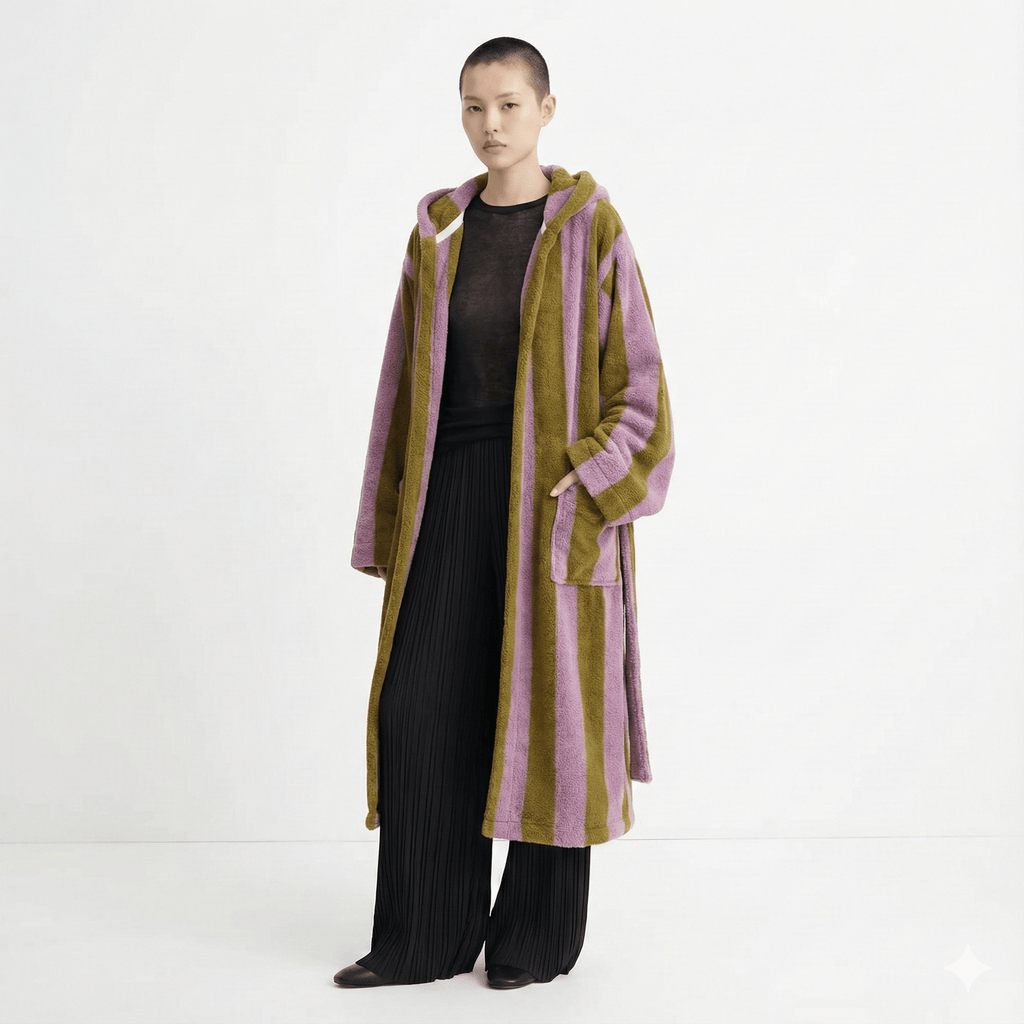 Modern Striped Cotton Bathrobe Set / Purple